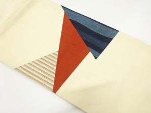 手織り紬　切りばめ　縞模様織り出し　名古屋帯